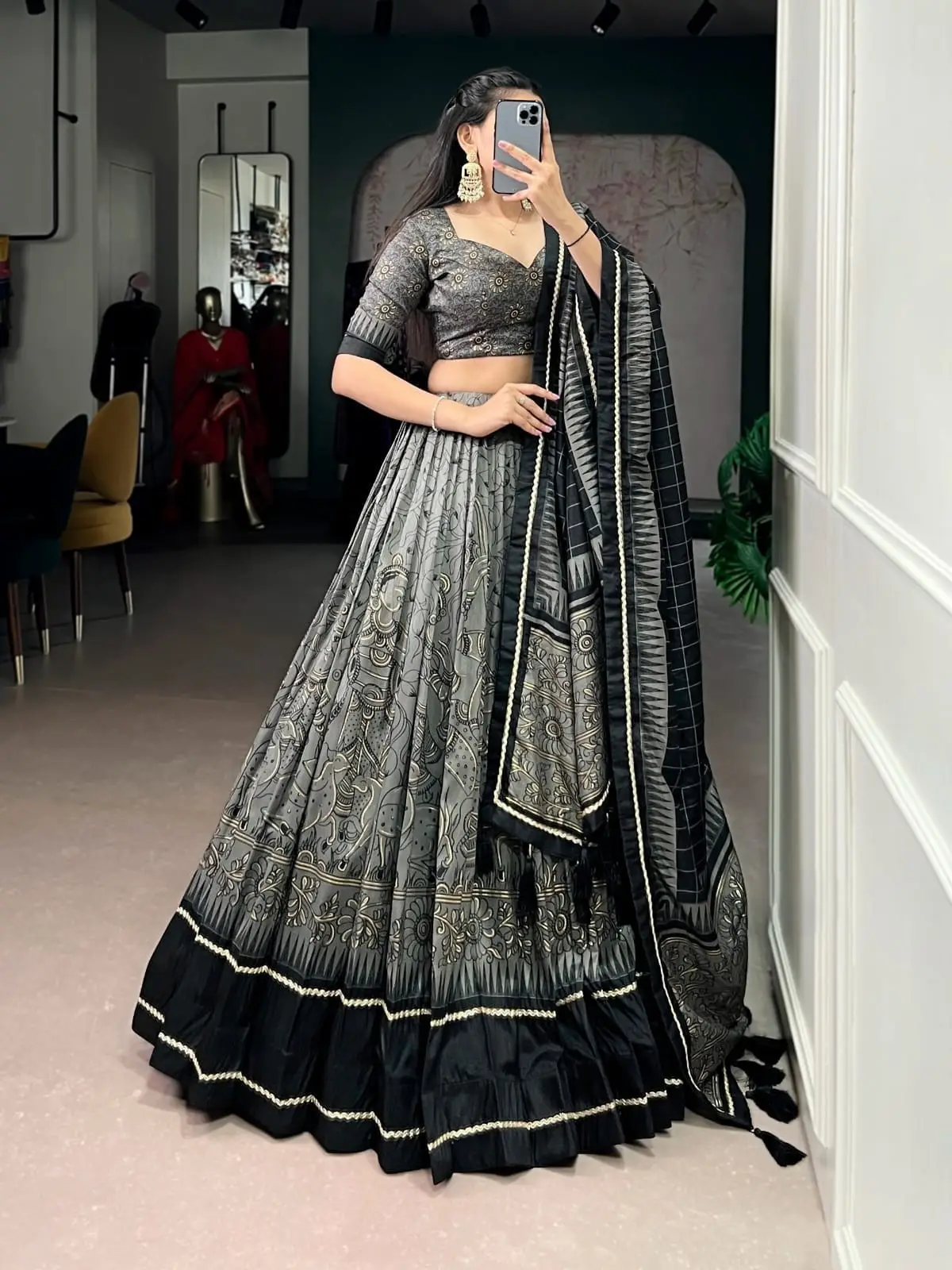 Tasar Silk Kalamkari Printed Lehenga with Lace Border & Tassel Dupatta